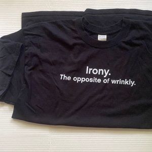 Irony The Opposite of Wrinkly word graphic print black cotton t-shirt, size XL
